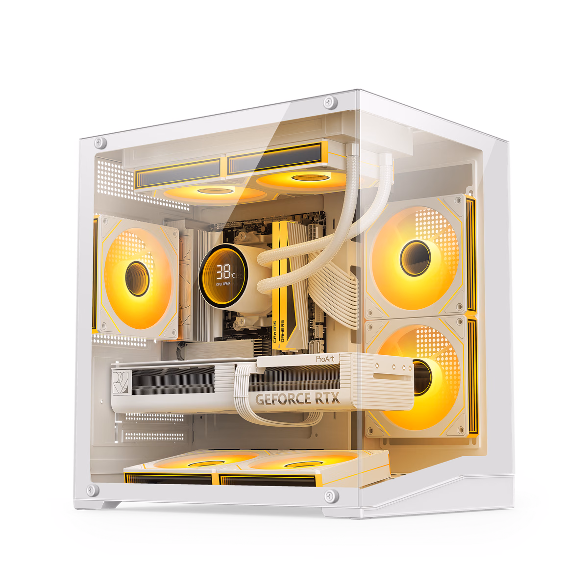 Defender Mini T in White — three-quarter view with tempered-glass side panel