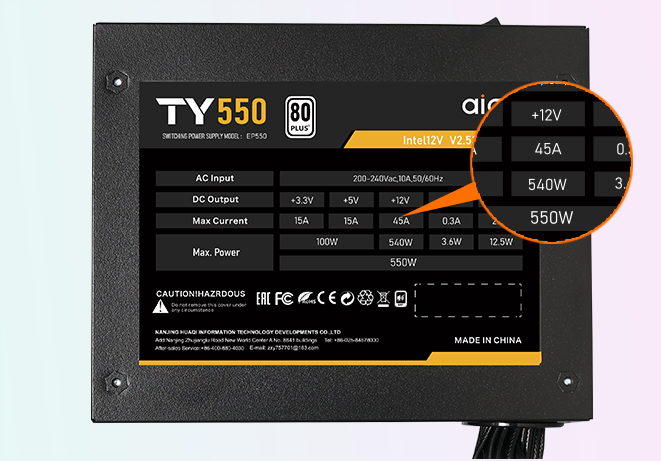 TY550 rating label: single +12V rail delivering 45A / 540W