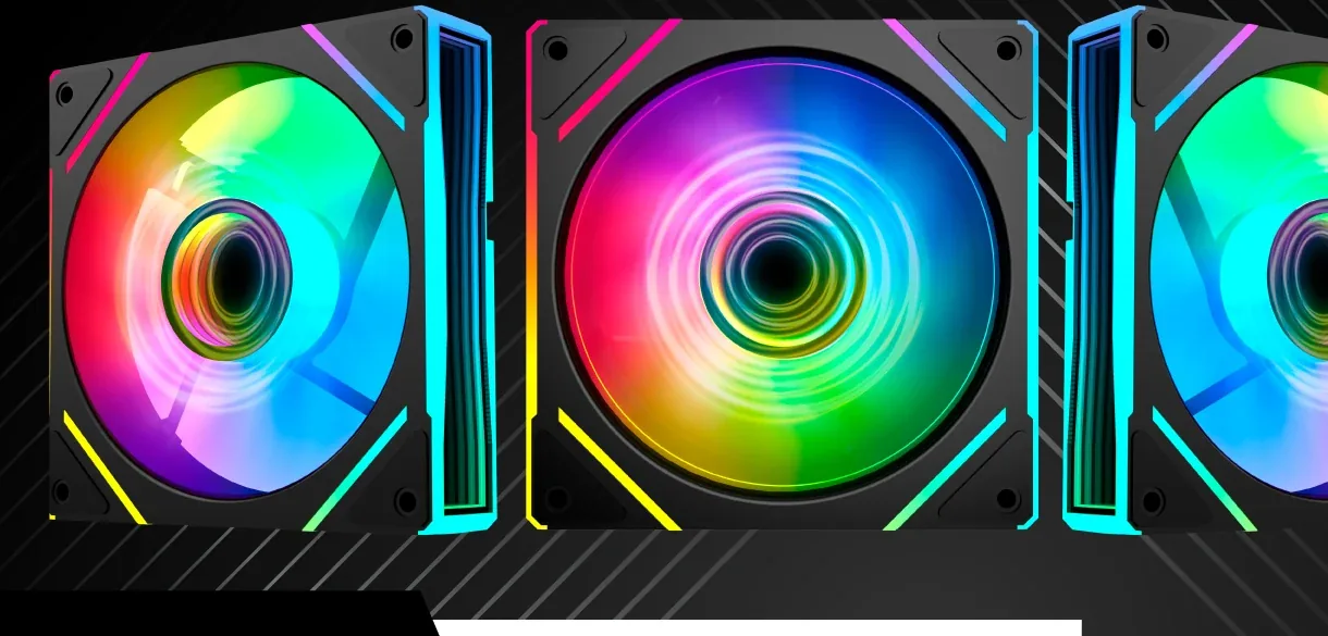 Three Fan Infinity ARGB fans photographed side by side, showing the reverse-blade illusion lighting