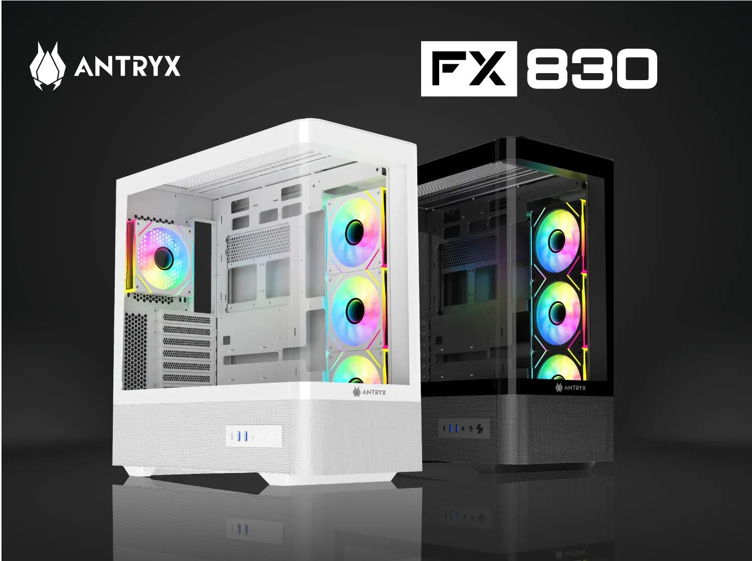 ANTRYX FX 830 shown in white and in black, three-quarter view on a dark reflective floor