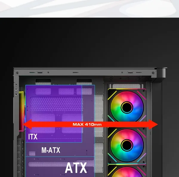 Clearance diagram: maximum 410 mm graphics card, with ITX, M-ATX and ATX board outlines