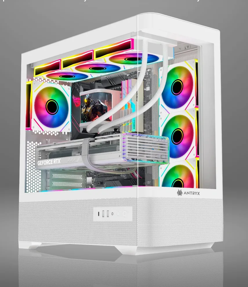 ANTRYX FX 830 with the curved tempered-glass front panel and the side panel removed, showing the interior