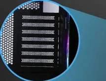 Close-up of the rear expansion-slot area used by the vertical GPU mount