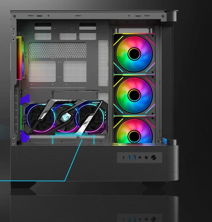 A graphics card mounted vertically inside the black FX 830, with the blue riser cable running to the motherboard