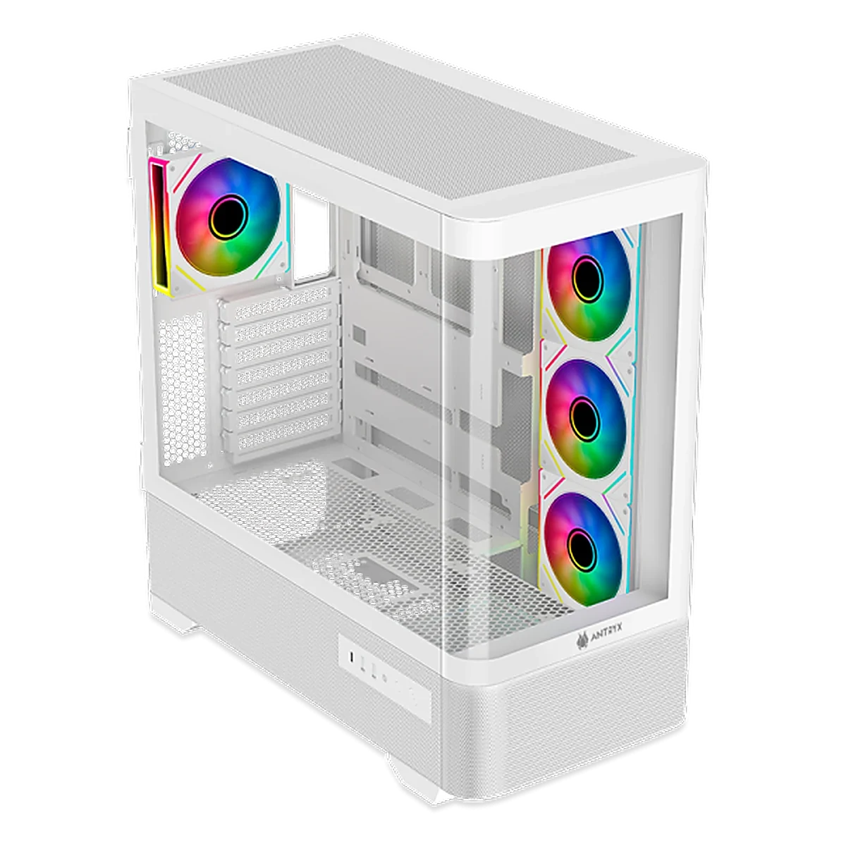 Interior showing the motherboard tray and side-mounted ARGB fans