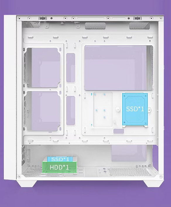 GX750C drive mounts behind the motherboard tray for 3.5-inch and 2.5-inch drives