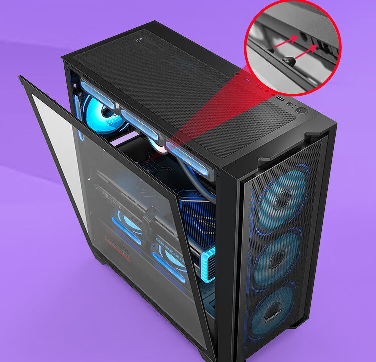 GX750C tempered-glass side panel swinging open on its snap-fit catch