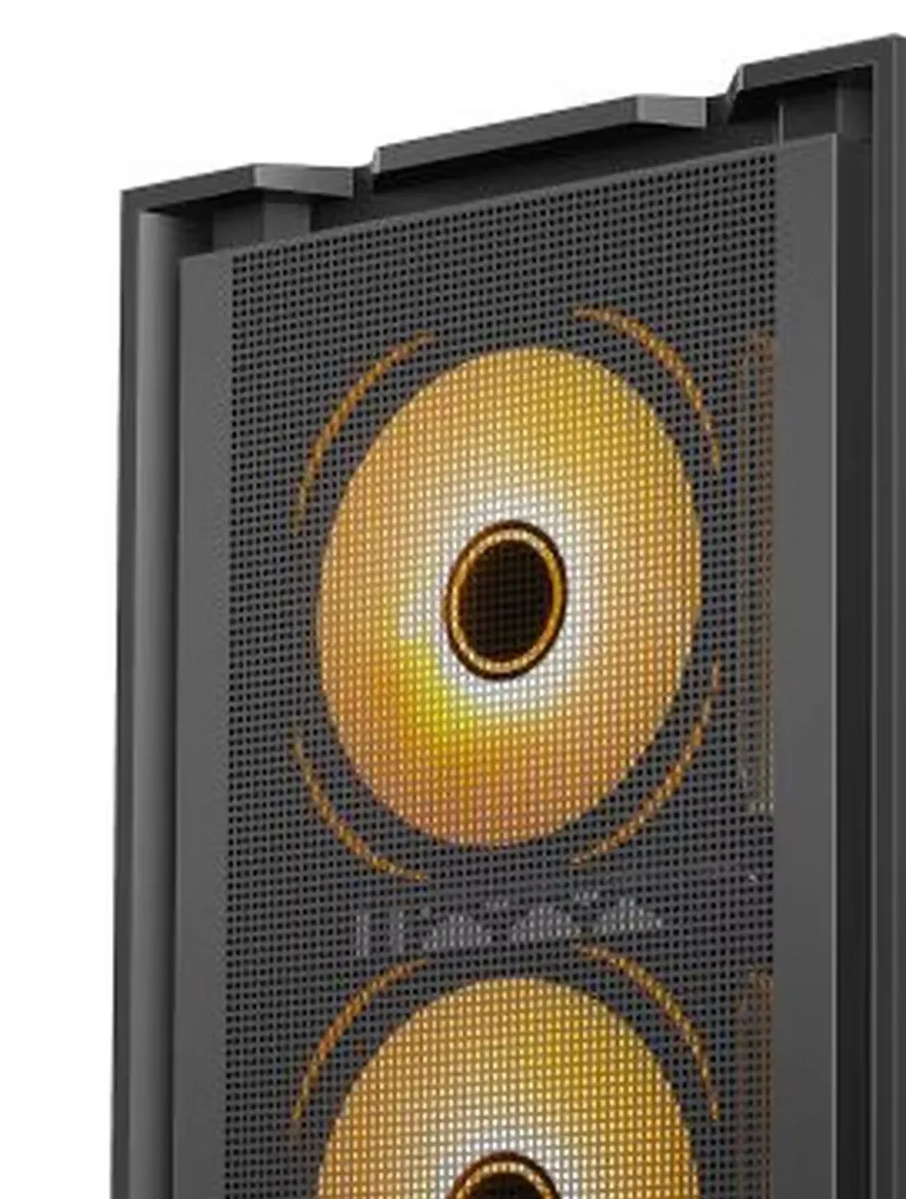 Close-up of the GX750C fine-mesh front panel with an ARGB fan behind the weave