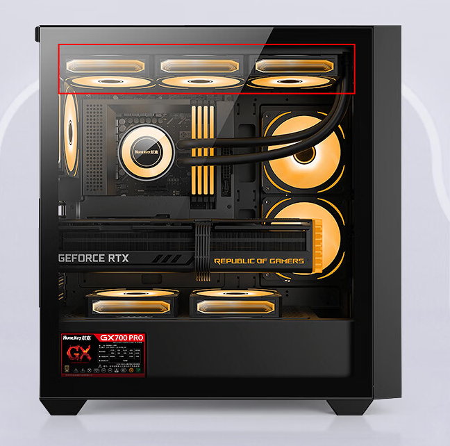 GX750C interior with a 360 mm radiator on the top deck and graphics card fitted