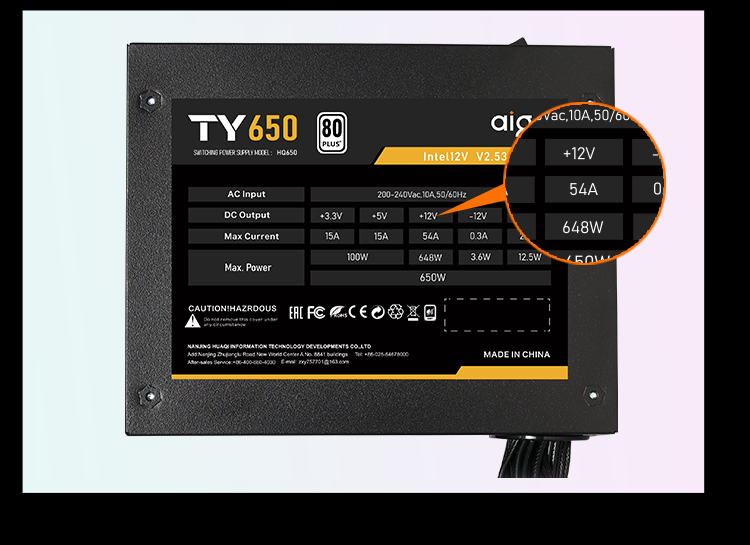 TY650 rating label: single +12V rail delivering 54 A / 648 W