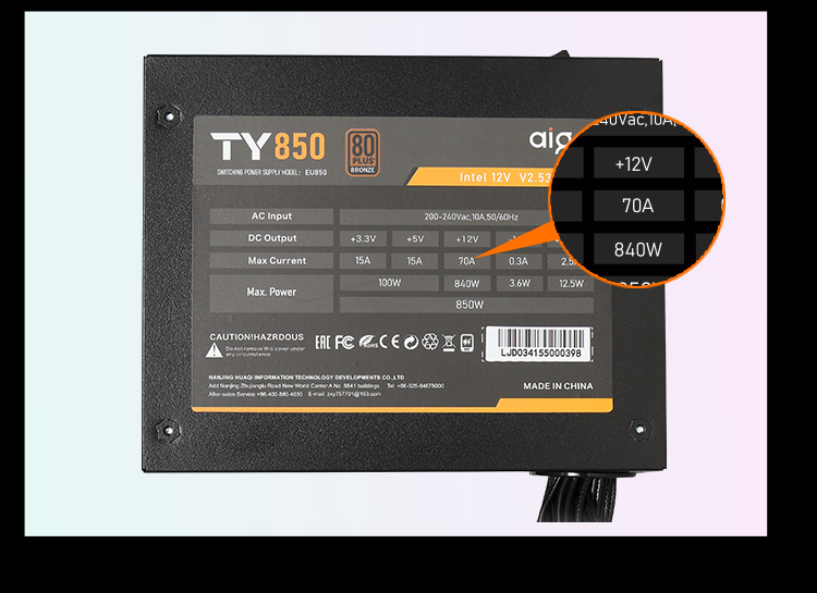 TY850 rating label: single +12V rail delivering 70 A / 840 W